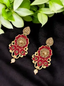 ANIKAS CREATION Gold-Plated Artificial Stones Studded Floral Shaped Drop Earrings