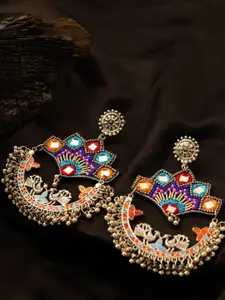 PANASH Silver-Plated Artificial Stones Studded Peacock Shaped Drop Earrings