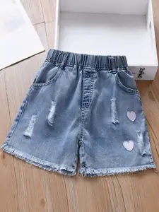 INCLUD Girls Distressed Fringed Hem Denim Shorts