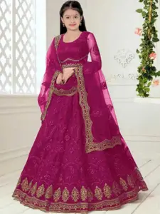 F Plus Fashion Girls Maroon Net Semi-Stitched Lehenga Choli