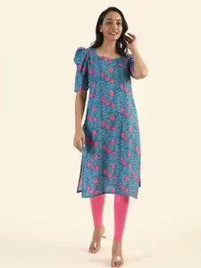 HAY Floral Printed Square Neck Puff Sleeves Straight Kurta