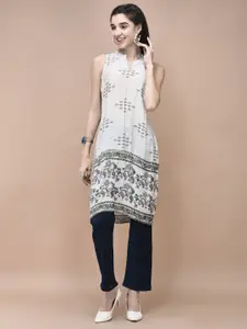 Shree Floral Printed Mandarin Collar Sleeveless Muslin Straight Kurta