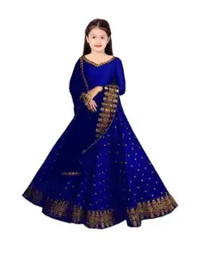 F Plus Fashion Girls Blue Raw Silk Semi-Stitched Lehenga Choli