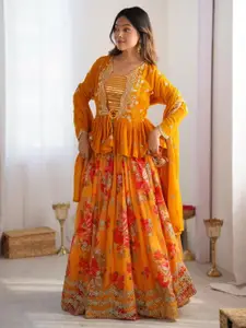 SHOPGARB Embellished Thread Work Semi-Stitched Lehenga & Unstitched Blouse With Dupatta