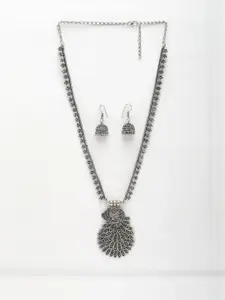 Sangria Women Silver Toned Peacock Design Oxidized Necklace with Jhumka Earrings