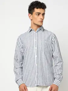 Blue Buddha Men Tailored Fit Vertical Striped Spread Collar Cotton Casual Shirt