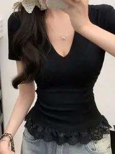 StyleCast x Revolte Women Solid Lace Insert Crop Top