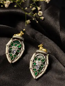 PANASH Silver-Plated Artificial Stones Studded & Beaded Teardrop Shaped Drop Earrings