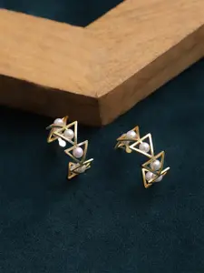 Adwitiya Collection Gold-Plated Pearls Beaded Geometric Shaped Half Hoop Earrings