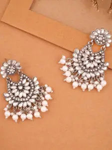 Anouk Silver-Plated Artificial Stones Studded And Beaded Floral Shaped Drop Earrings