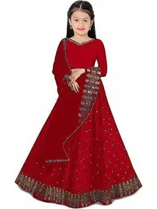 F Plus Fashion Girls Red Satin Semi-Stitched Lehenga Choli