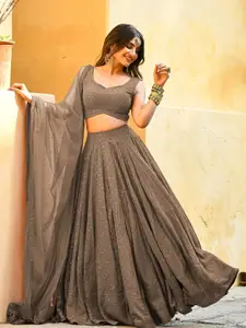 FABPIXEL Embroidered Sequinned Semi-Stitched Lehenga & Unstitched Blouse With Dupatta