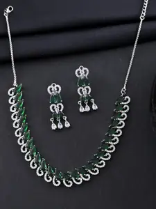 Anouk Silver Plated AD And Green Stone Tear Drop Shaped Necklace Set