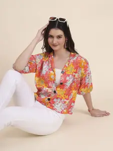 DressBerry Classic Boxy Floral Printed Cuban Collar Puff Sleeves Crop Casual Shirt