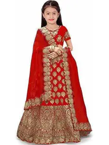 F Plus Fashion Girls Red Silk Blend Semi-Stitched Lehenga Choli