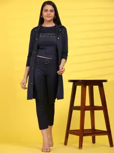 Ameeha Women Cotton Blend Crop Top Pant Ethnic Jacket Set