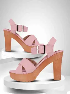 VANIYA SHOES Colourblocked Block Heel Peep Toes with Buckles