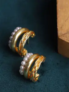 Adwitiya Collection Gold-Plated Pearls Beaded Contemporary Shaped layer Half Hoop Earrings