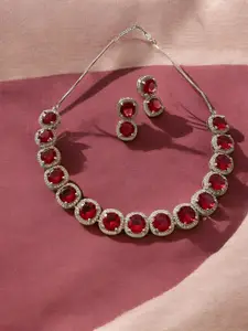 Anouk Rhodium Plated Red Large Stone Studded Necklace Set