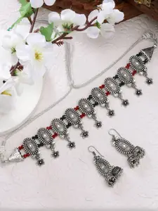Sangria Women Silver-Plated Choke Oxidized Necklace with Jhumka Earrings