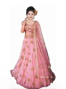 F Plus Fashion Girls Pink Net Semi-Stitched Lehenga Choli