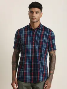 Turtle Men Relaxed Slim Fit Tartan Checked Spread Collar Cotton Casual Shirt