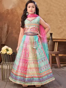 NKV Girls Printed Mirror Work Tie and Dye Ready to Wear Lehenga & Blouse With Dupatta