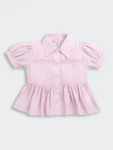 Tiny Girl Shirt Collar Puff Sleeve Cotton Peplum Top