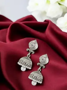 ANIKAS CREATION Silver-Plated Pearls Beaded Dome Shaped Jhumkas