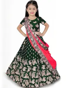 F Plus Fashion Girls Green Satin Semi-Stitched Lehenga Choli