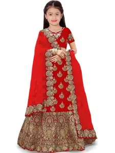 F Plus Fashion Girls Red Satin Semi-Stitched Lehenga Choli