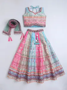 BAESD Girls Printed Mirror Work Tie and Dye Ready to Wear Lehenga & Blouse With Dupatta