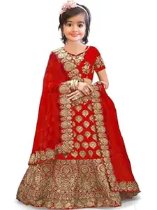 F Plus Fashion Girls Red Satin Semi-Stitched Lehenga Choli