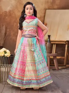BAESD Girls Printed Mirror Work Ready to Wear Lehenga & Blouse With Dupatta