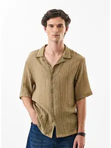 Snitch Oversized Textured Cuban Collar Casual Shirt