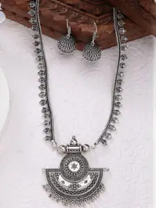 Sangria Women Silver Toned German Silver Oxidised Necklace with Jhumka Earrings