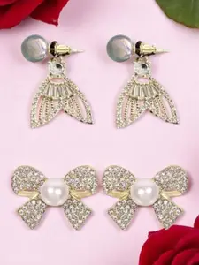VAGHBHATT Set Of 2 Gold-Plated Crystal Studded & Pearls Beaded Drop Earrings
