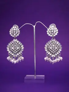 Anouk Silver-Plated Artificial Stone Studded And Beaded Contemporary Drop Earrings