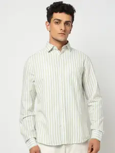 Blue Buddha Men Tailored Fit Vertical Striped Spread Collar Cotton Casual Shirt