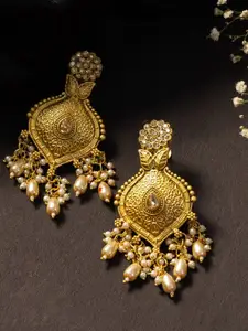 PANASH Gold-Plated Artificial Stones Studded & Beaded Floral Shaped Drop Earrings