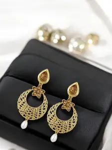 ANIKAS CREATION Gold-Plated Pearls Beaded Crescent Shaped Drop Earrings