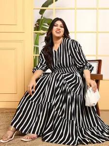DEEBACO Women Plus Size Striped Tiered Fit & Flare Maxi Dress