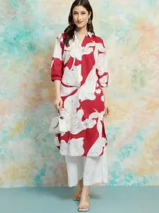 Melange by Lifestyle Floral Printed Mandarin Collar Sleeves Thread Work Kurta