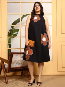 DEEBACO Women Plus Size Patch Embroidered High Neck Cotton A-Line Dress