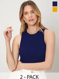 TOOCHKI Navy Blue & Mustard Lycra Sleeveless Round Neck Stretchable fit Crop Top