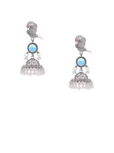 Anouk Silver-Plated Stone Studded And Pearls Beaded Oxidised Contemporary Jhumkas