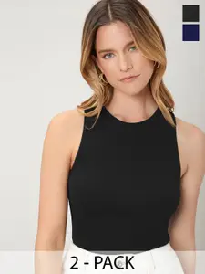 TOOCHKI Black & Navy Blue Lycra Sleeveless Round Neck Stretchable fit Crop Top