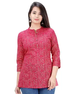 all about you Women Print Mandarin Collar Cotton Top