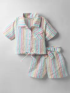 CrayonFlakes Girls Striped Short Sleeves Pure Cotton Shirt With Shorts