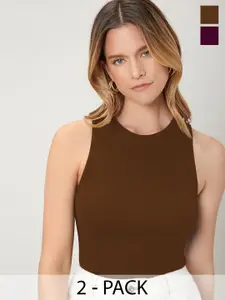 TOOCHKI Brown & Wine Lycra Sleeveless Round Neck Stretchable fit Crop Top